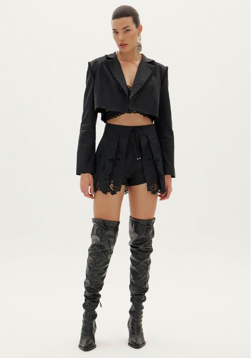 Blazer Cropped Flor Da Noite Preto