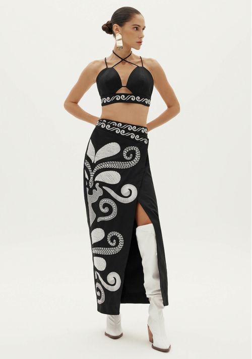 Saia Super Midi Com Fenda Diamante Negro