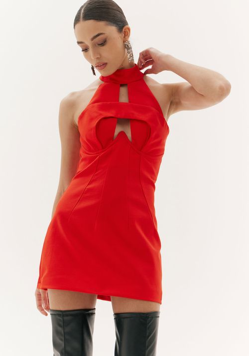 Vestido Curto Com Recortes Vermelho