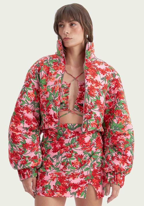 Jaqueta Puffer Cropped Estampada Rosa