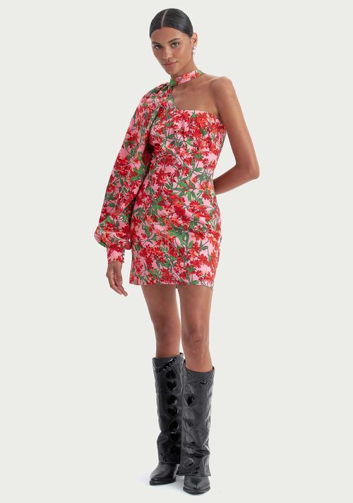 Vestido Ombro Único Manga Bufante Rosa