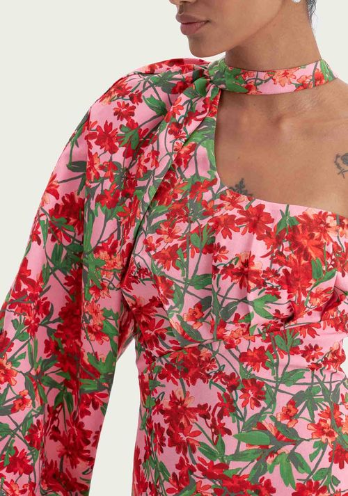Vestido Ombro Único Manga Bufante Rosa
