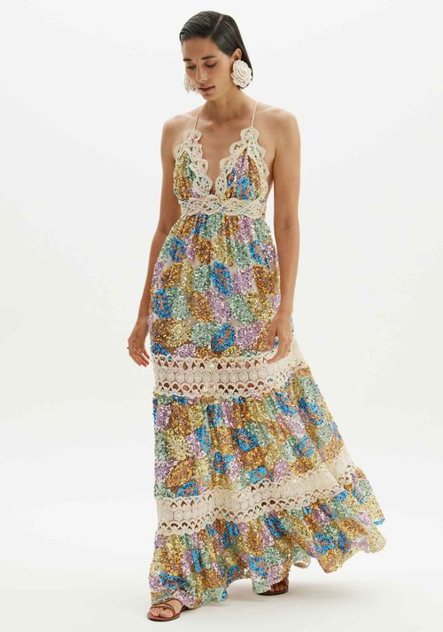 Vestido De Paetê Longo Bege
