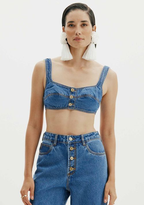 Top Jeans Cropped De Alça Azul