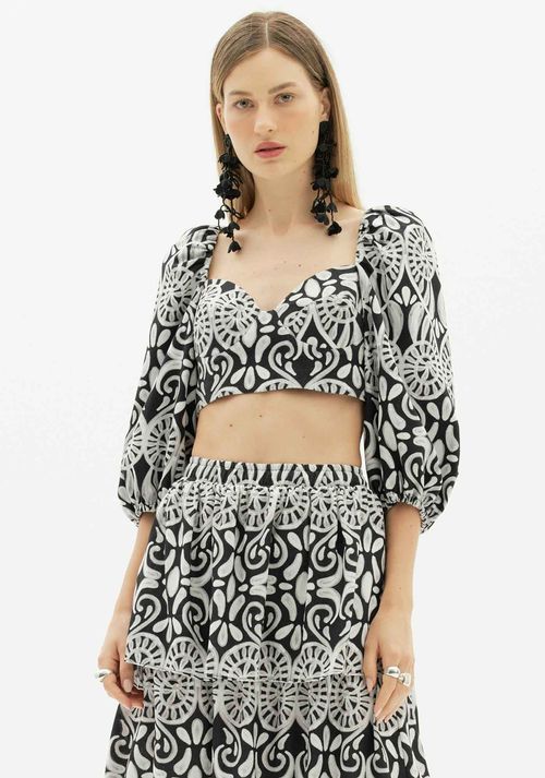 Top Cropped Manga Bufante Preto