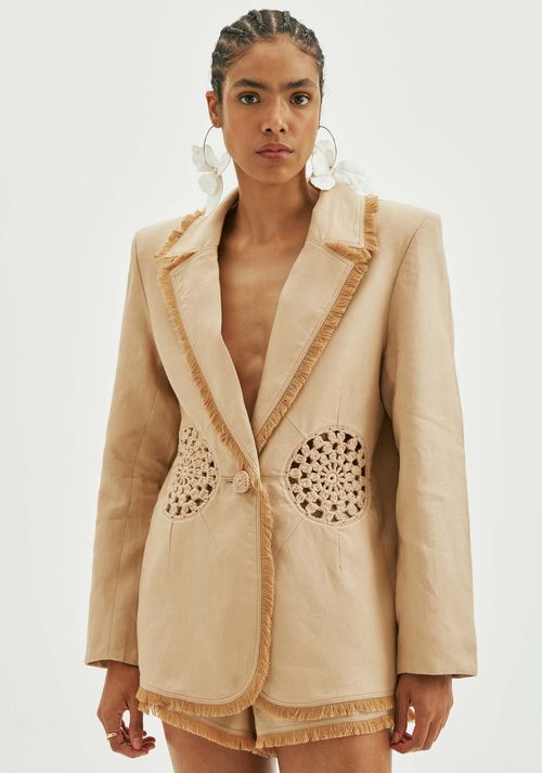 Blazer De Linho Com Crochet Bege