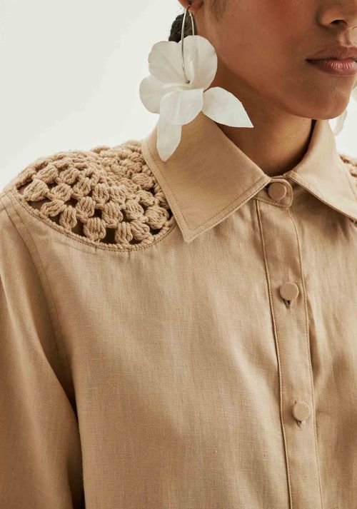 Camisa De Linho Com Crochet Bege