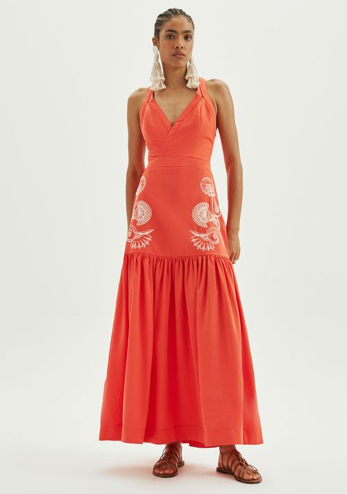 Vestido De Alças Com Bordado Vermelho
