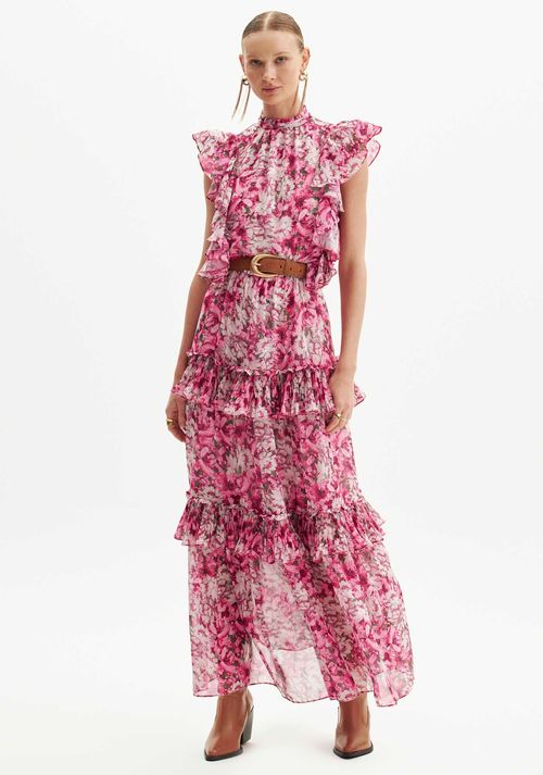Vestido Longo Estampado Babado