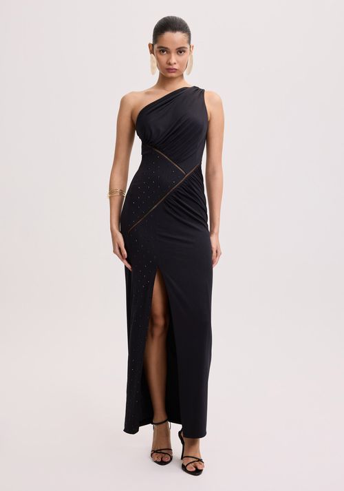 Vestido Midi Ombro Único com Aplicações