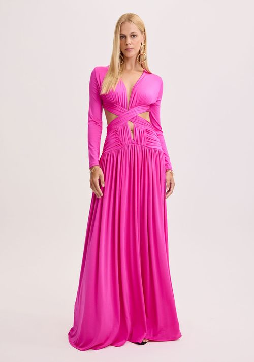 Vestido Longo Com Mangas Longas e Recortes