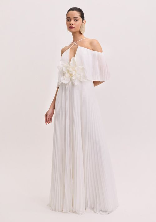 Vestido Longo Com Plissado Flor