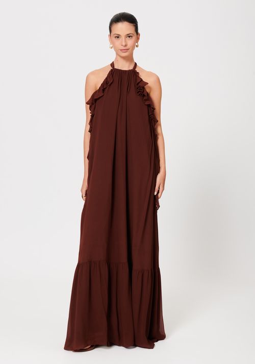 Vestido Longo Com Babados E Decote Costa