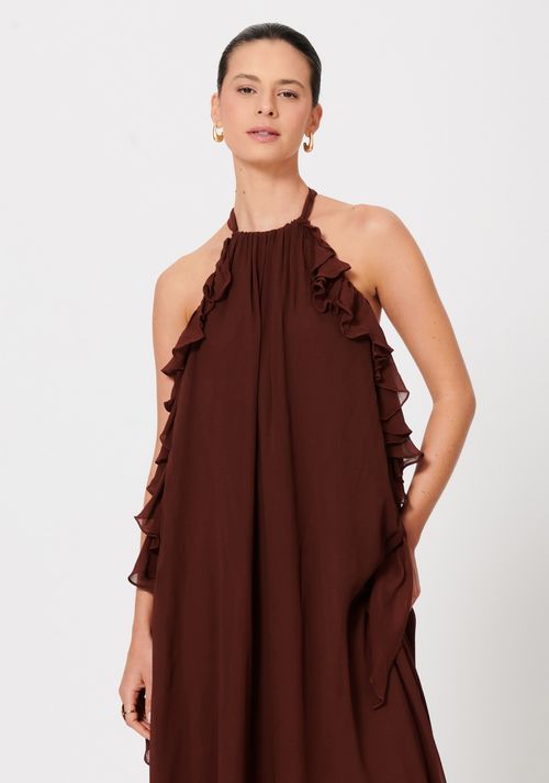 Vestido Longo Com Babados E Decote Costa