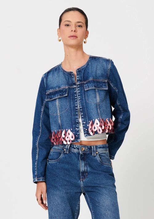 Jaqueta Jeans Curta Com Bordado