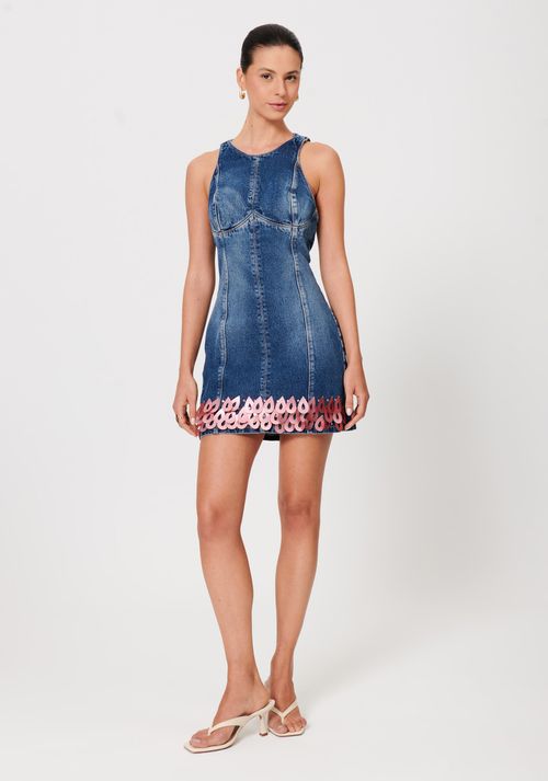 Vestido Jeans Curto Com Bordado