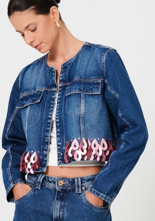 Jaqueta Jeans Curta Com Bordado
